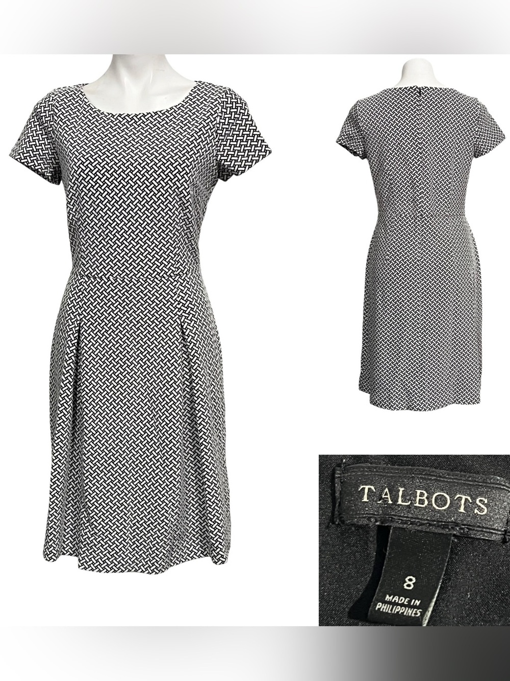 Talbots dress sz 8 Black/White Geometric Short-Sleeve Fit-n-Flare knee length